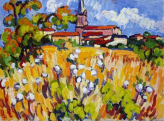 Champ de blé au village - HST - 73x60cm