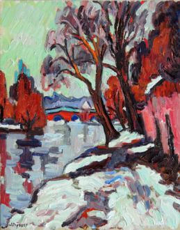 Le Pont de Moret sous la neige - HST - 41x33cm